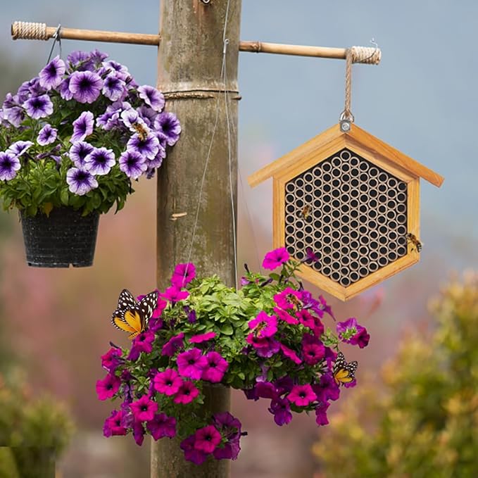 Mason Bee House Wax Coated Bee Hotel, Pollinator House Waterproof, Natural Handmade Wooden Mason Bee Hotel for Pollinating Bees Garden Supplies-VerdiqueGarden