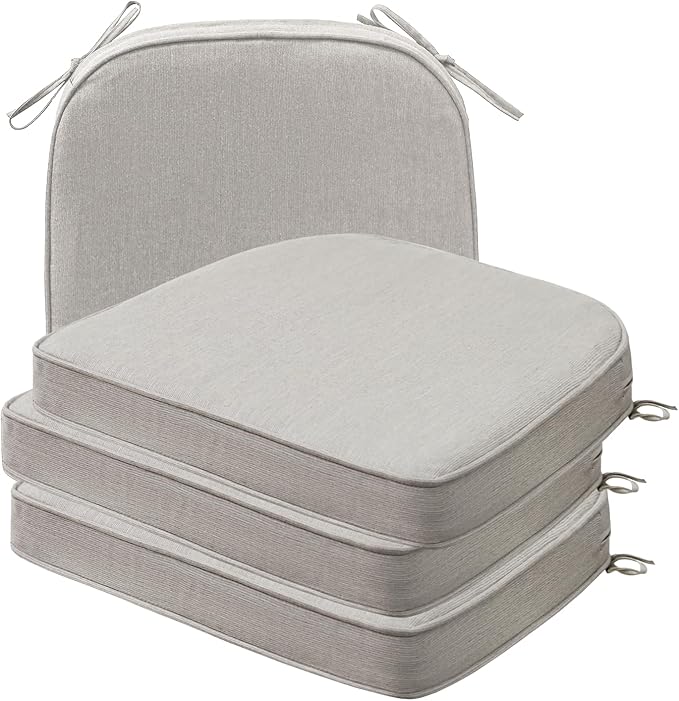 Sunbrella Round Corner Seat Cushions, 17" x 16" x 2", Set of 4, Indoor Outdoor Water Repellent Universal Chair Pads with Ties for Patio Furniture, Garden Dining Chairs, Specrtum Pebble-VerdiqueGarden