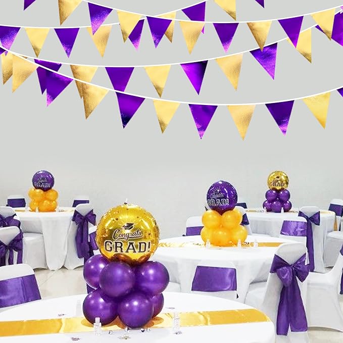 Purple and Gold Party Decorations Metallic Fabric Triangle Pennant Banner Flag Bunting Garland for Graduations Birthday Retirement Wedding Baby Shower Bachelorette Halloween Outdoor Party Supplies-VerdiqueGarden