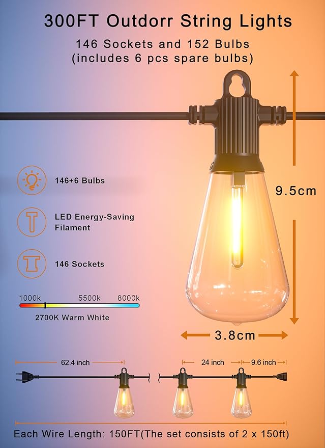 Outdoor String Lights Waterproof, 300FT Patio Lights with 146 Shatterproof ST38 Globe Bulbs(6 Spare), Connectable Dimmable LED Hanging String Lights for Outside Backyard Porch Balcony(150FT x 2)-VerdiqueGarden