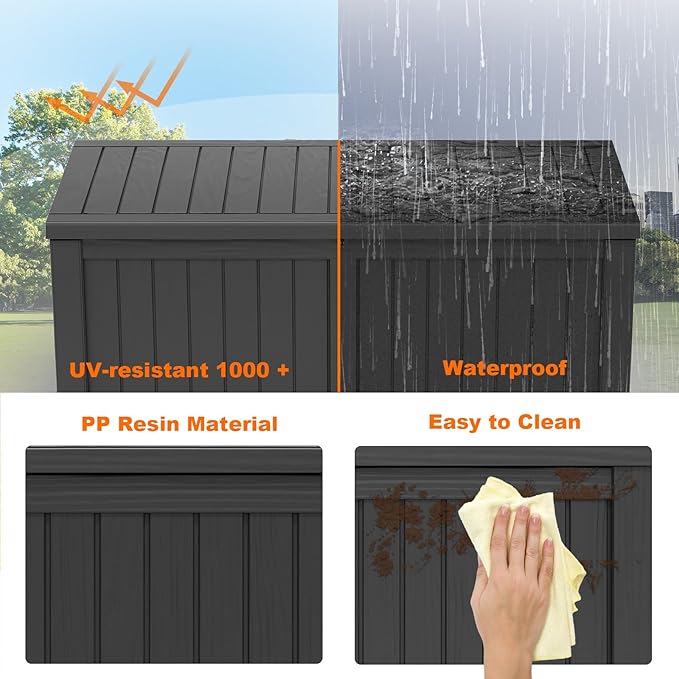 120 Gallon Resin Deck Box, Lockable Patio Outdoor Storage Box for Furniture, Garden Tools and Tools Storage, Waterproof Outside Storage Boxes - Black-VerdiqueGarden
