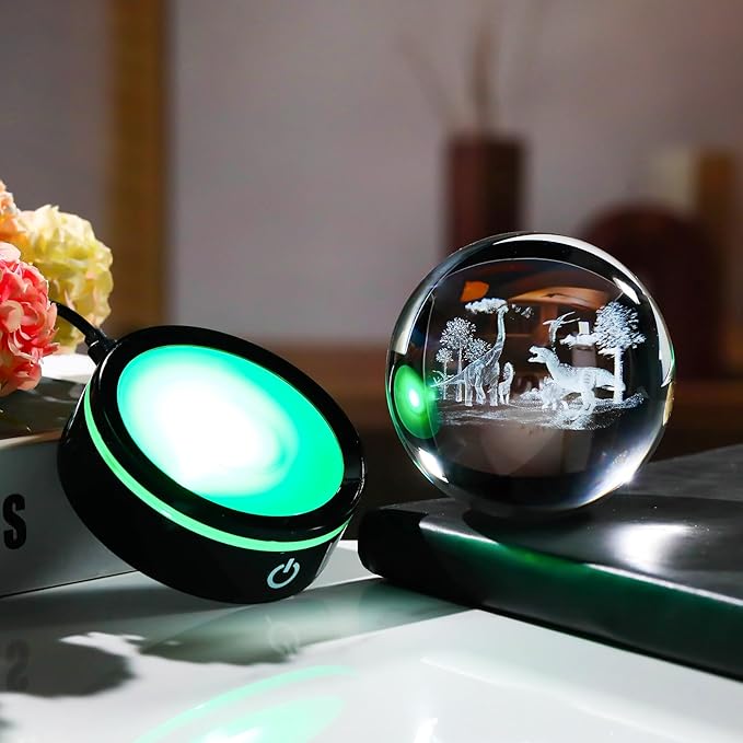 YWHL 3D Dinosaur Figurine Crystal Ball with Colorful Light Base, Dinosaur Gifts for Women Men on Christmas Birthday, 3D Laser Engraved Dinosaur Full Sphere Glass Decorative Ball for Home Office (80mm)-VerdiqueGarden