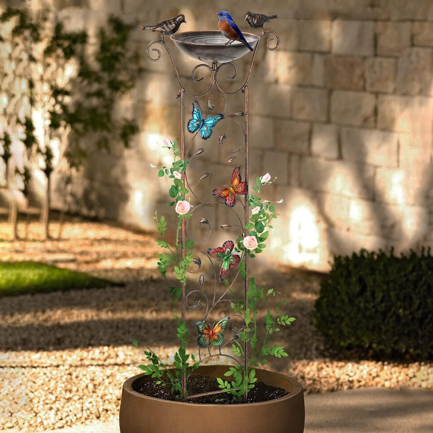 SUNNYPARK Bird Bath with Trellis Outdoor, Antique Garden Iron Trellis with Decorative Butterflies Detachable Bird Bowl Metal Potted Plants Support for Climbing Flowers-VerdiqueGarden