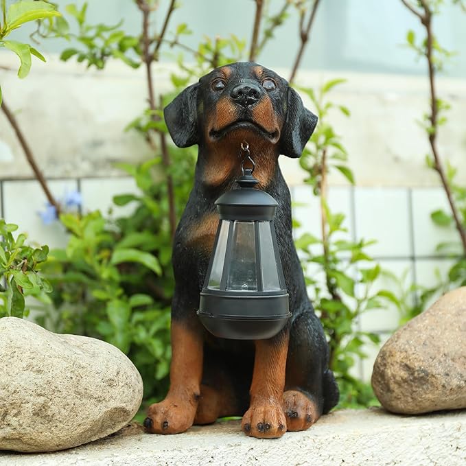 Garden Dog Statues Outdoor Decor, 13" Solar Powered LED Lights Outdoor Statue Garden Decorations Rottweiler Figurine for Patio, Lawn, Yard Art Decoration, Housewarming Garden Gift-VerdiqueGarden