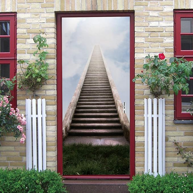 3D Door Stickers Murals - Stairs - Peel and Stick - Waterproof & Washable - Matt Finish - Modern Style - White - 31.5" x 78.7" (2 PARTS)-VerdiqueGarden