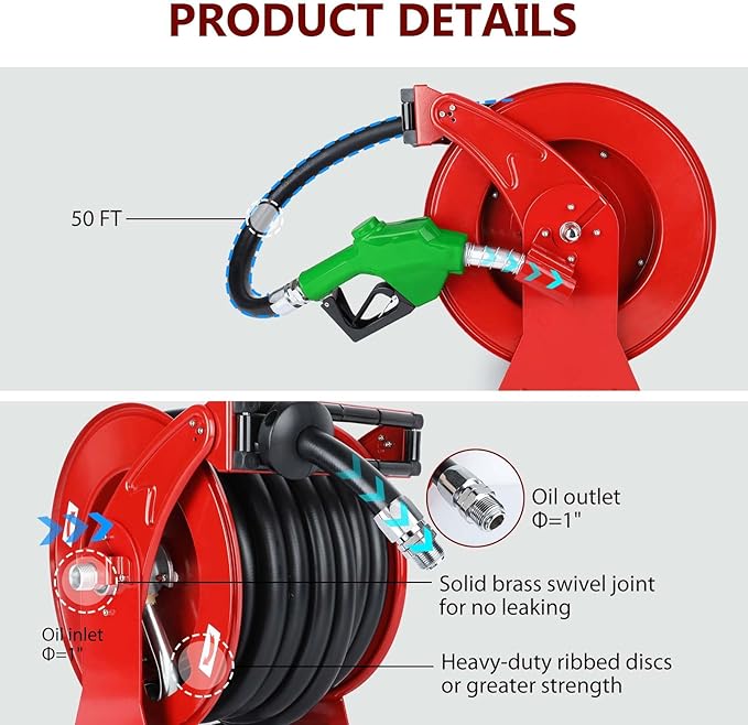 Fuel Hose Reel with Fueling Nozzle, 1" x 50FT Retractable Diesel Hose Reel, 300 PSI Industrial Heavy Duty Auto Swivel Rewind Hose Holder Reels, for Vehicle Tank Truck Trailer Ship-VerdiqueGarden