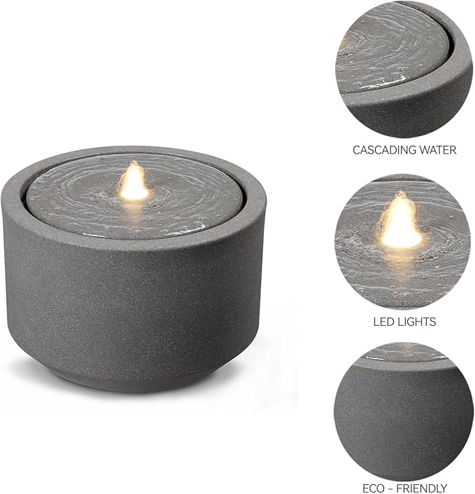 10.23” H Outdoor Water Fountain Made with Eco-Friendly Recyclable Materials, Polyethylene Round Bubbler Outdoor Fountain, Garden Decor with LED Light for Patio, Porch, Backyard-VerdiqueGarden