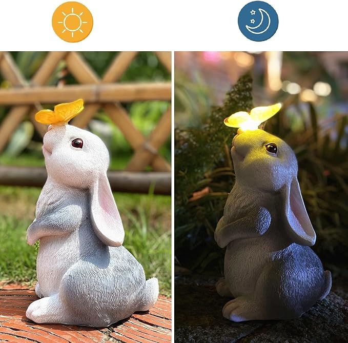 Solar Rabbit Statue Easter Bunny Decor Garden Statue for Outside, Rabbit with Butterfly Patio Sculptures Lawn Ornament, Funny Gifts for Women Mom Grandma Spring Outdoor Decor-VerdiqueGarden