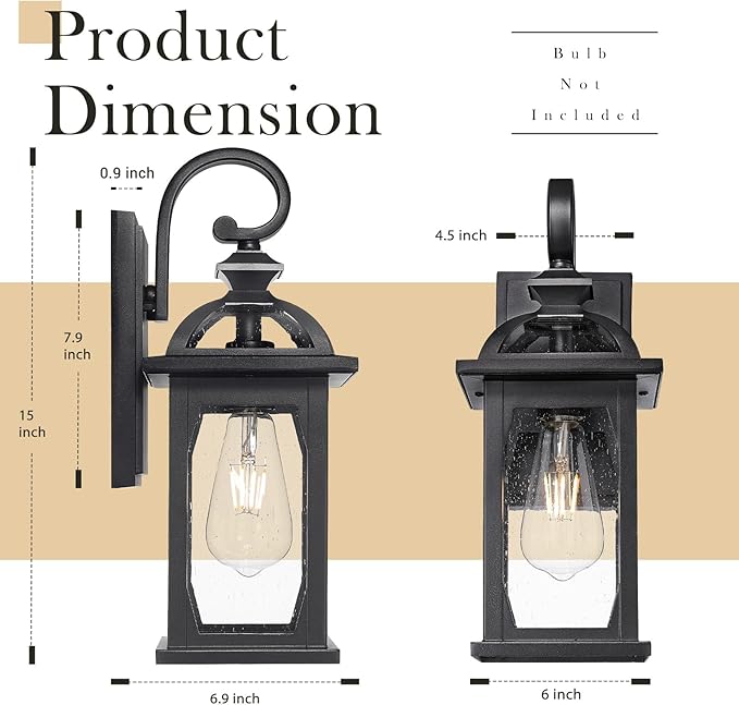 zeyu Outdoor Porch Light Wall Light Fixture, 15 Inch Exterior Wall Lighting for House, Die-Cast Aluminum with Seeded Glass, Black Finish, ZD100B BK-VerdiqueGarden