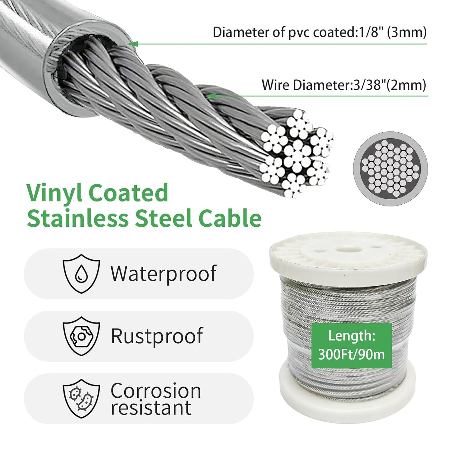 1/8" Wire Cable Rope Kit ，Vinyl Coated 304 Stainless Steel Wire – 300FT 7x7 Strand Cable with Turnbuckles，Shade Sail & Hanging Lights Hardware Kit for Outdoor, Garden,Patio, Crafts, Hanging Lights-VerdiqueGarden