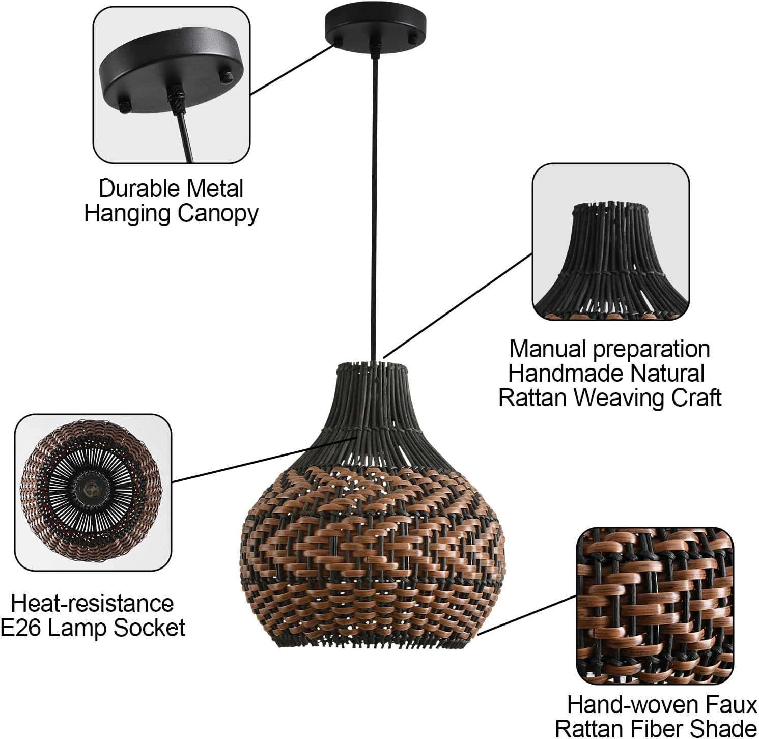 3-Pack Rattan Pendant Light 10.24" Hand-Woven Black Brown Fax Rattan Basket Chandelier Mini Boho Wicker Hanging Lamp for Dining Living Bedroom Kitchen Farmhouse-VerdiqueGarden