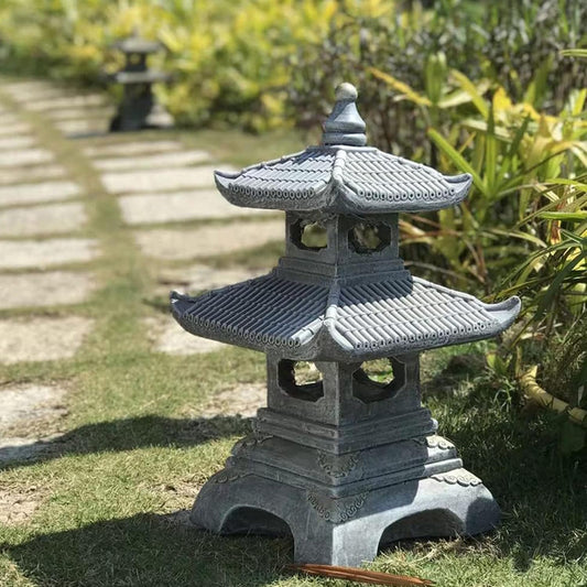 Outdoor Zen Garden Lantern - 2 Tier Pagoda Garden Statue, Stone Lantern, Japanese Style for Zen Lawn Garden Decoration and Christmas Ornament (Dark Gray)-VerdiqueGarden