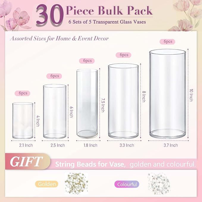 30pcs Glass Vase Cylinder Vases for Centerpieces Small Flower Glass Clear Vases Home Decor Centerpiece Table Flower Vase Decorations for Wedding Decoration＆Holiday Mixed Sizes Tall-VerdiqueGarden