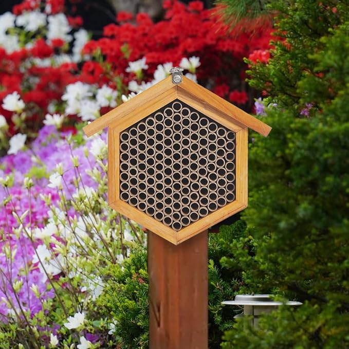 Mason Bee House Wax Coated Bee Hotel, Pollinator House Waterproof, Natural Handmade Wooden Mason Bee Hotel for Pollinating Bees Garden Supplies-VerdiqueGarden