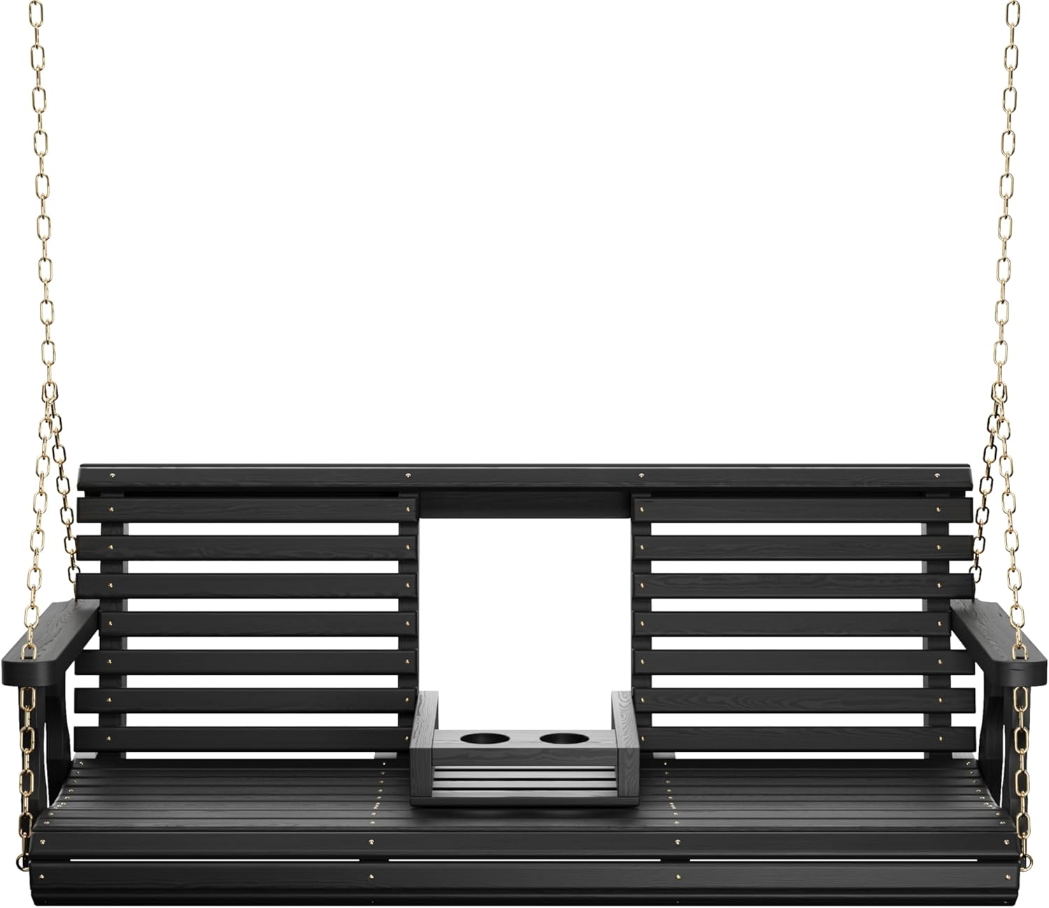 Porchgate Amish Heavy Duty Console Porch Swing with Fold Down Cup Holders in Semi Solid Black Stain - Amish Made in The USA from Treated Pine, Hanging Chains Included-VerdiqueGarden
