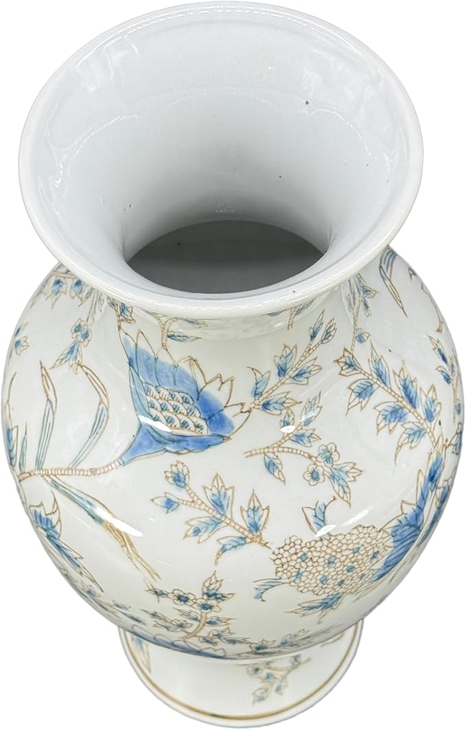 Galt International White & Blue Floral Chinoiserie Ceramic Vase 14" - Hand Painted Antique Style Porcelain Flower Bottle Fishtail Porcelain Chinese Vase for Home Decor Centerpiece-VerdiqueGarden