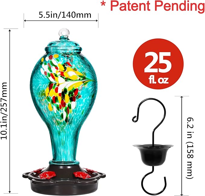 LUJII Hummingbird Feeder for Outdoors, Hand Blown Glass Humming Bird Feeder, Anti Fade Leakproof with 25 Ounces Nectar Capacity, Easy to Install Clean Refill, Include Hook & Ant Moat (Teal)-VerdiqueGarden