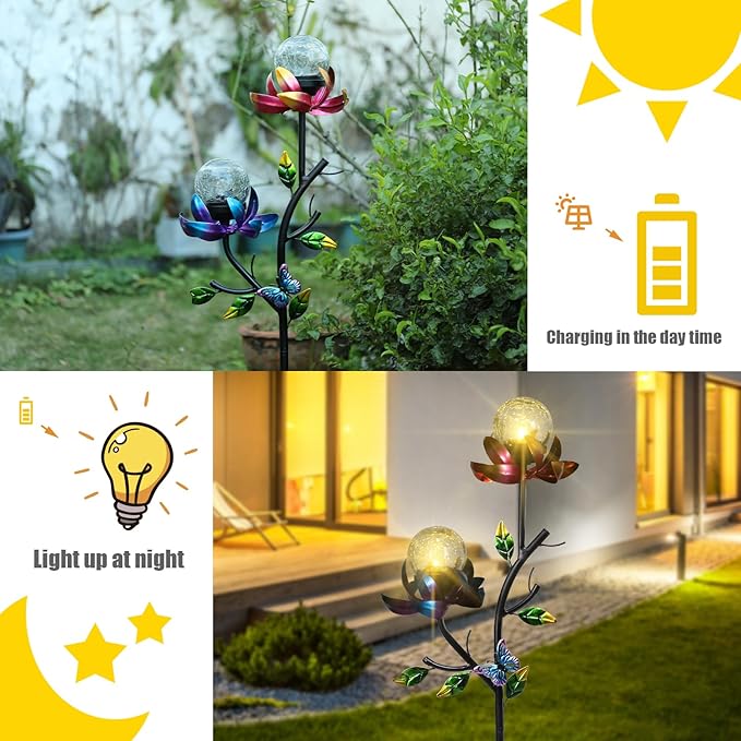 VCUTEKA Solar Garden Light Solar Flowers Light with LED Crackle Glass Globe Solar Lights Outdoor Metal Garden Stake Wind Spinner for Garden Decoration, Patio Decor, Yard Decor and Gift for Mother-VerdiqueGarden