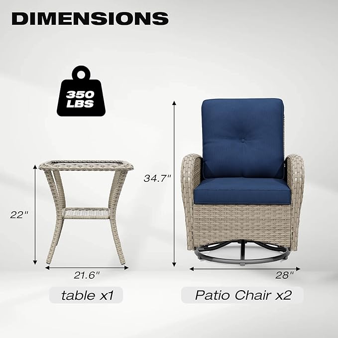 Joyside Outdoor Swivel Rocker Chairs, 3 Piece Wicker Patio Set with Thick Cushion and Side Table, Rattan Patio Swivel Rocking Chairs for Porch, Deck Use (Natural/Blue, 3 PCS)-VerdiqueGarden