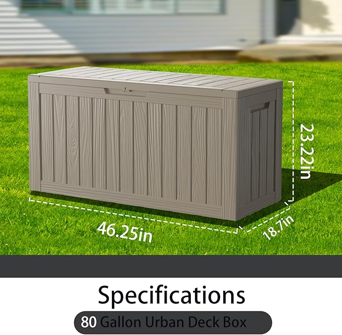 80 Gallon Outdoor Storage Box Waterproof Lockable Resin Deck Box Large, Patio Storage Bin for Pool Accessories Cushion Furniture, Garden Tools, UV-Resistant Outside Delivery Grey-VerdiqueGarden