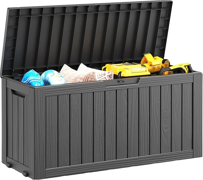 NUNU LAB 75 Gallon Outdoor Storage Box,Large Resin Sturdy Deck Box, Backyard Outside Storage Box Waterproof with Double Wall Panels,Package Delivery Garden Hose Storage Bin Outdoor Tool-VerdiqueGarden