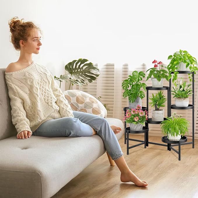 iDavosic.ly 7 Tier Large Plant Stand Indoor with 10 Inch Wide Tray, Tiered Corner Metal Outdoor Flower Display Holder Shelf, Folding Tall Rack for Patio Porch Living Room, Modern Black-VerdiqueGarden
