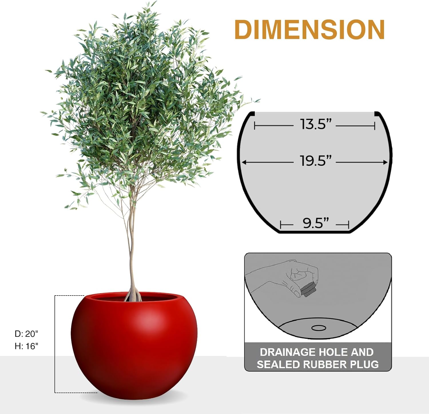 Globo Large Fiberstone Plant Pot, Large Planters for Indoor Plants, Outdoor Planters for Porch (Red, 20" D x 16" H)-VerdiqueGarden