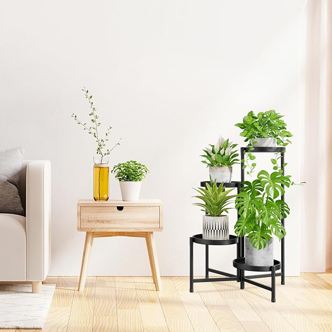 iDavosic.ly 4 Tier Large Plant Stand Indoor with 10 Inch Wide Tray, Tiered Corner Metal Outdoor Flower Display Holder Shelf, Folding Tall Rack for Patio Porch Living Room, Modern Black-VerdiqueGarden