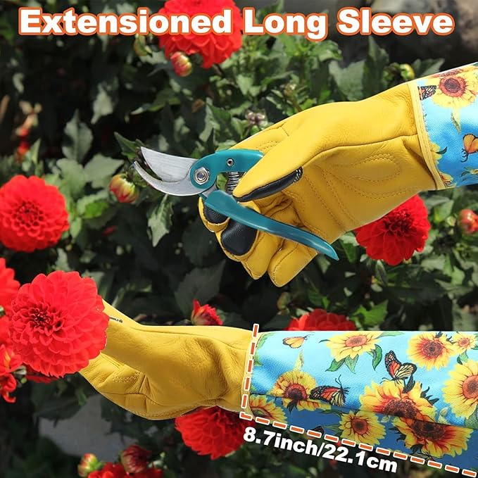 DLY Gardening Gloves for Women, Rose Gloves Gardening Thorn Proof, Long Garden Gloves for Women, Breathable Cowhide Leather Gauntlet (Small, Blue-VerdiqueGarden