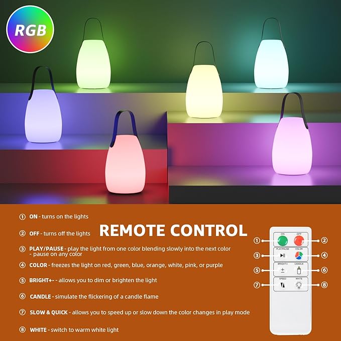 uuffoo 2 Pack Portable Outdoor Table Lamp, Dimmable Cordless Lamp with Remote and 7 RGB Colors IP44 Waterproof Hanging Lamp Indoor/Outdoor Night Lamp Lantern for Bedroom Garden Dining Camping-VerdiqueGarden