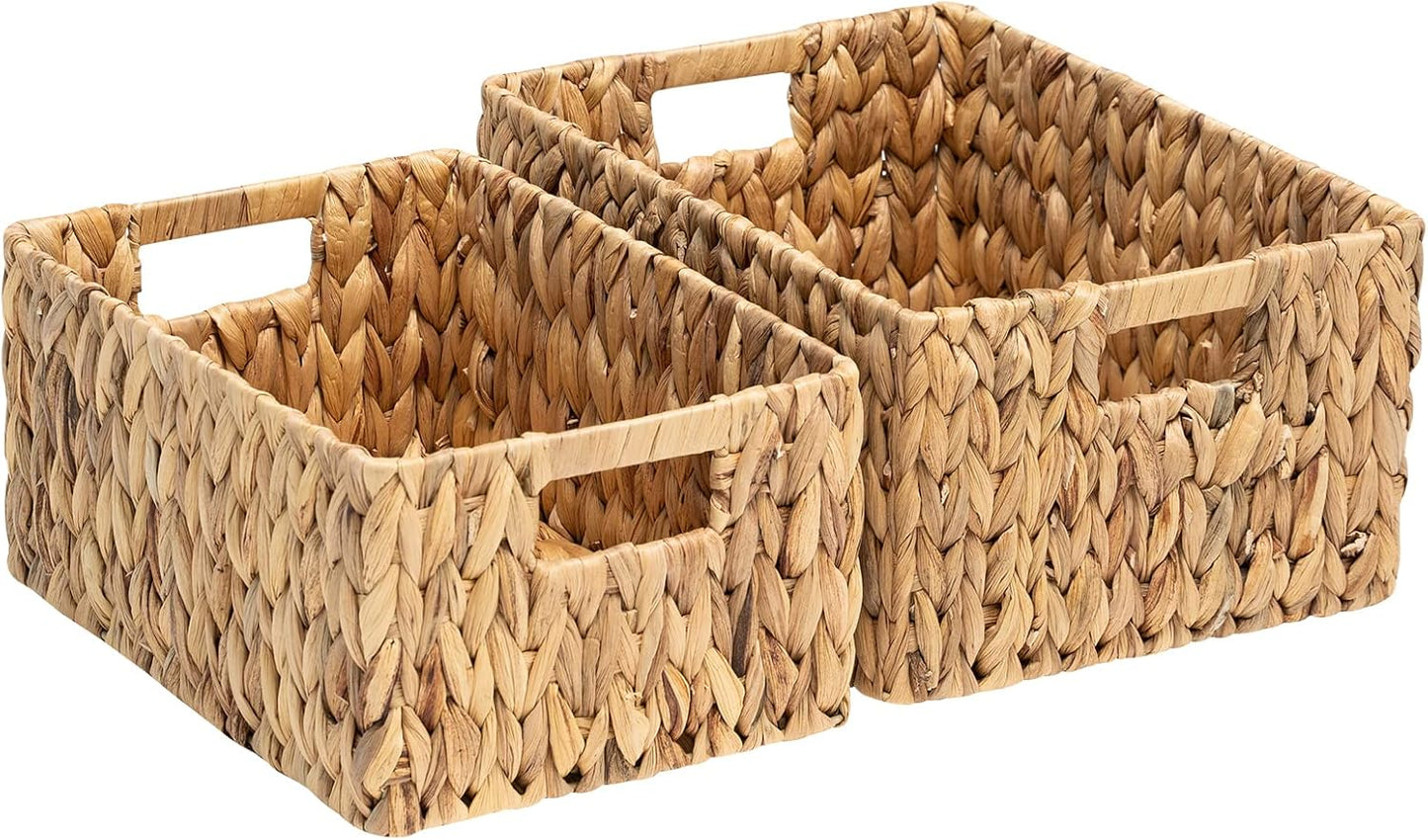 FairyHaus Wicker Baskets 15x11x7 & 13.4x9.5x6.5, 2 Pack Handmade Big Wicker Storage Basket with Handles, Natural Water Hyacinth Wicker Baskets for Storage Shelves Organizing, Rectangle Wicker Basket-VerdiqueGarden