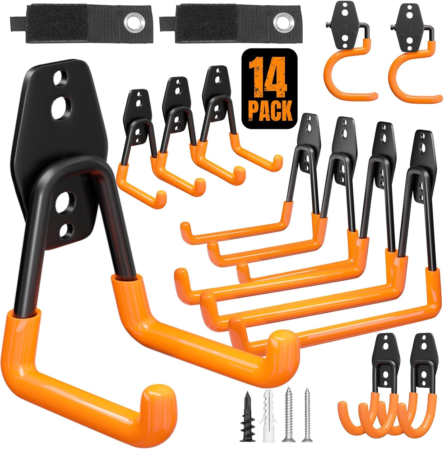 Garage Hooks Heavy Duty 14 Pack Utility Wall Mount Storage Hangers with Mop Broom Holders Extension Cord Holder Organizer for Power Tool Garden Tool Ladder Hose-VerdiqueGarden