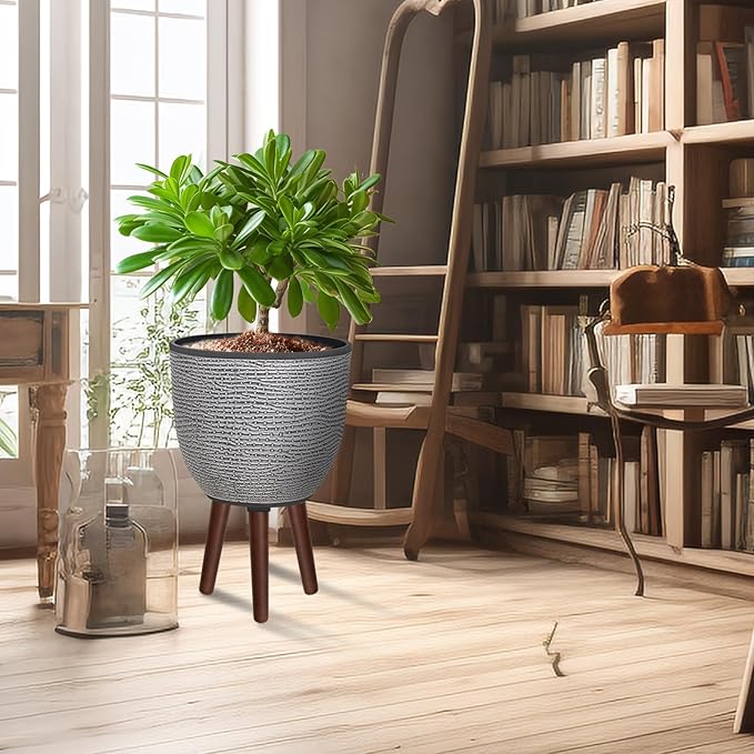 12 Inches Plant Pot with Stand, Large Decorative Standing Planters with Drainage Holes for Indoor Plants, Modern Gray Flower Pots with Legs-VerdiqueGarden