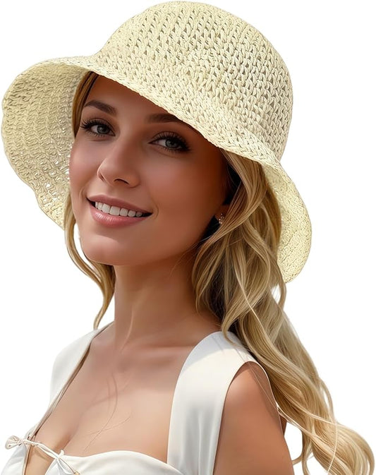 Womens Straw Beach Sun Hats, Foldable Packable Floppy Handmade Crochet Hats for Women,Large Summer Vacation Wide Brim Hat-VerdiqueGarden