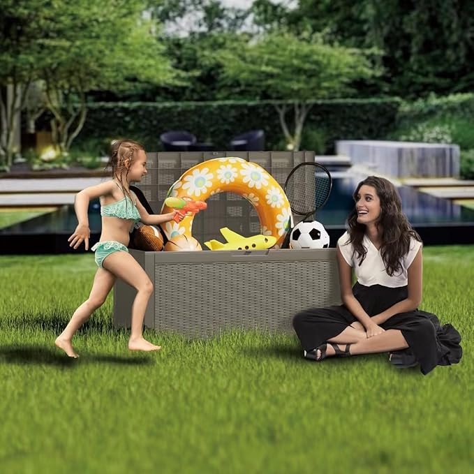 Multi-Functional 100 Gallon Patio Storage Bench - Waterproof Outdoor Deck Box & Storage Cabinet, Lockable Resin Chest for Pool/Garden Accessories, UV-Resistant, Weathered Grey-VerdiqueGarden