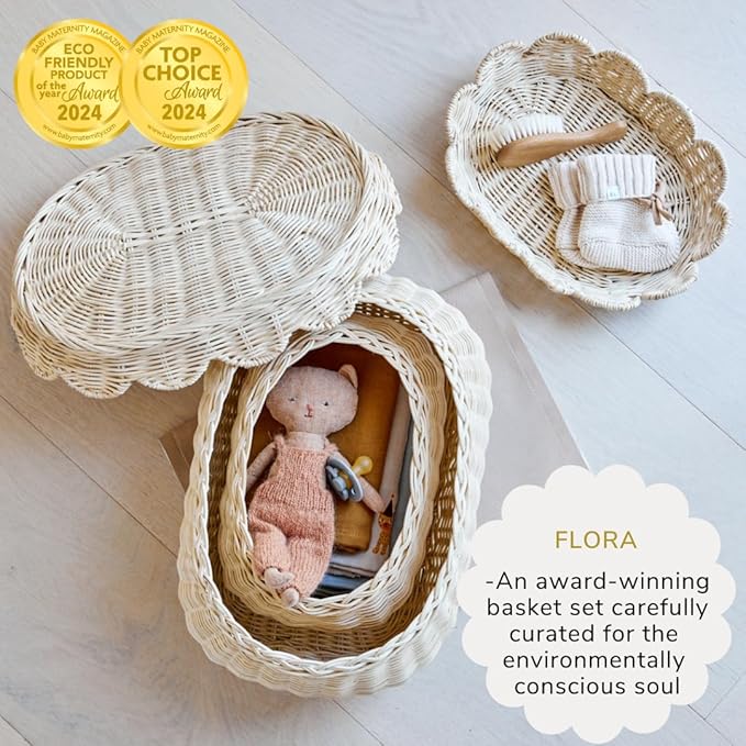 BEBE BASK The Original Scalloped Basket Set Of 2 – Small Scallop Basket - 15 x 10 x 6 In - Hand-Woven & Award-Winning - Elegant Wicker With Scalloped Edge Lid - Nursery Storage - (Natural)-VerdiqueGarden