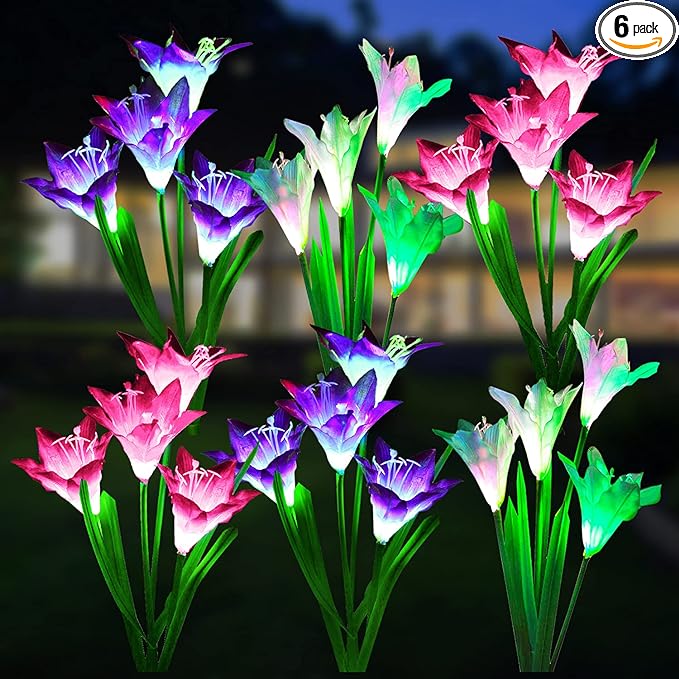 WdtPro Solar Lights Outdoor Garden Decorative Flowers 6 Pack, Waterproof Solar Garden Lights with 24 Lily Flowers, Multi Color Changing LED Solar Powered Landscape Lights for Yard Garden Patio-VerdiqueGarden
