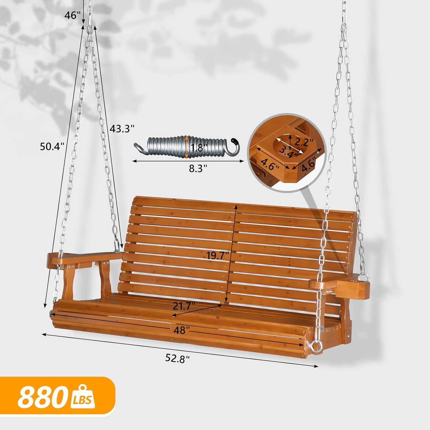 VINGLI XL Size Patio Wooden Porch Swing Outdoor with Cup Holders, Heavy Duty 880 LBS Hanging Swing Chair Bench with Hanging Chains for Yard, Lawn, Garden (4 FT Pro, Brown)-VerdiqueGarden