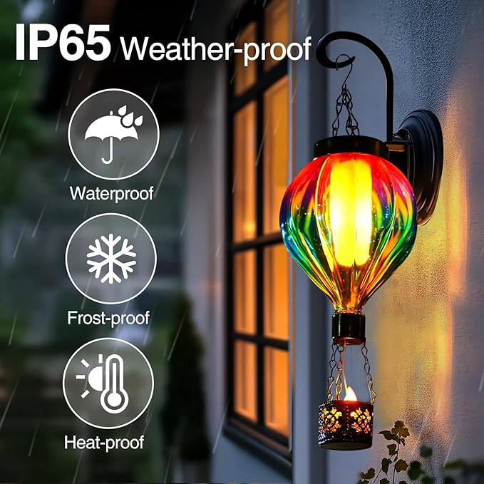 Hot Air Balloon Solar Lantern Outdoor Waterproof with Flickering Flame Gifts for Women Grandma Mom Glas Hanging Solar Lights Decorative for Outside Wall Front Porch Yard Garden Fence-VerdiqueGarden