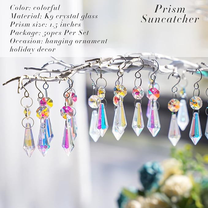 50pcs Colorful Crystal Icicle Prisms for Chandeliers, 38mm Chandelier Crystals Glass Prisms Pendants, Chandelier Crystals Replacement Parts with Octogan Beads for Wedding,Party Decoration-VerdiqueGarden
