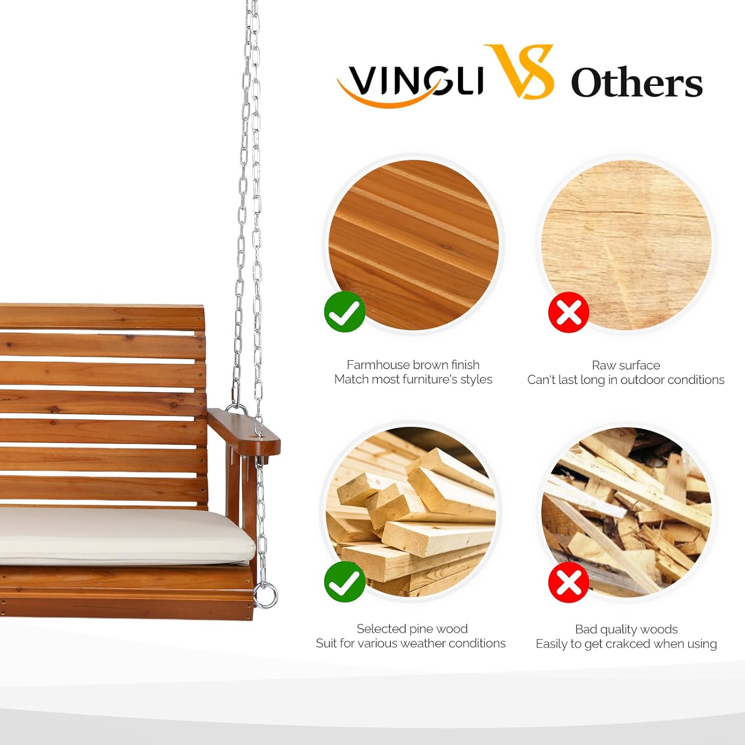 VINGLI Heavy Duty 880 LBS Patio Wooden Porch Swing Outdoor with Extra Cushion, Farmhouse Hanging Bench Tree Swing with Adjustable Chains for Yard | Garden | Lawn | Balcony (5 FT, Brown)-VerdiqueGarden