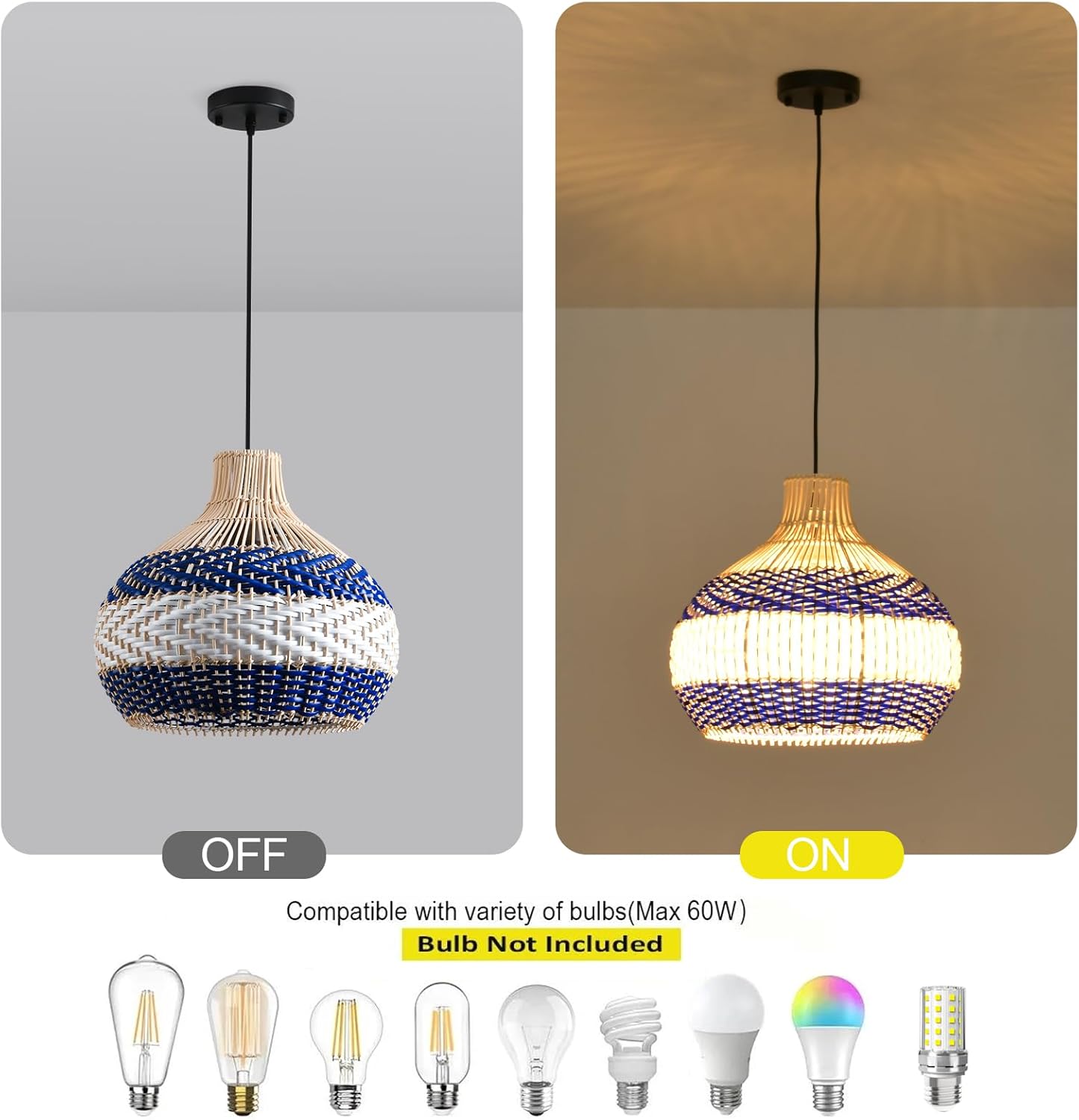 3-Light Rattan Pendant Light 15" Hand-Woven Blue White Wicker Basket Chandelier Boho Faux Rattan Hanging Light,for Living Room Bedroom Kitchen Hallway Dining Farmhouse 1-Pack-VerdiqueGarden