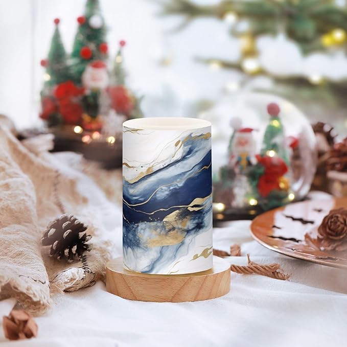 Flickering Flameless Candles, Drak Blue Golden Marble LED Candles with Remote Timer, Set of 2 Battery Operated Candle for Valentine Wedding Birthday-VerdiqueGarden