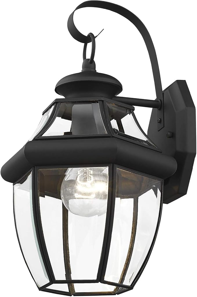 Livex Lighting 2151-04 Monterey 1 Light Outdoor Black Finish Solid Brass Wall Lantern with Clear Beveled Glass, 13" x 8.5" x 8.25"-VerdiqueGarden