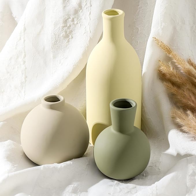 Vase Set of 3, Ceramic Vases Home Decor Flower Decorative Table Decor Vase Pottery Neutral Vases for Tray Table Mantel Living Room Kitchen Bedroom Bathroom Entryway -Light Color-VerdiqueGarden