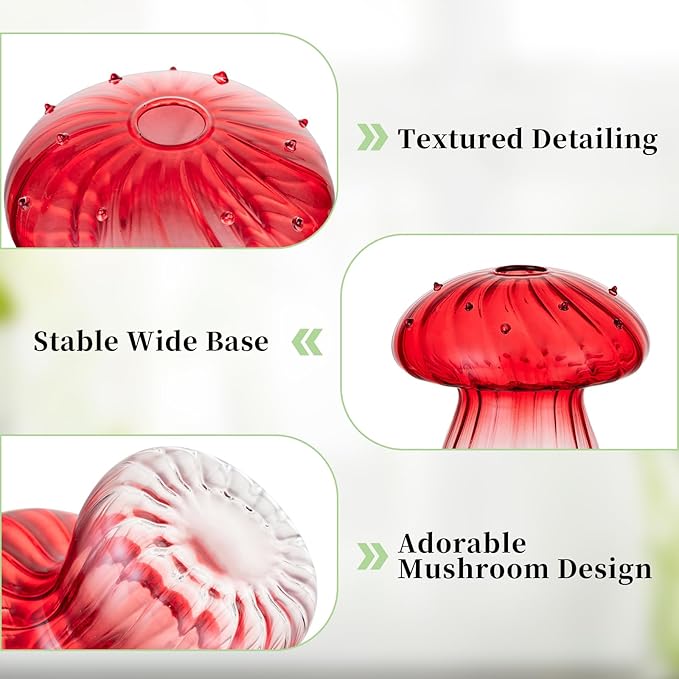 Glasseam Mushroom Plant Propagation Stations: Red Glass Terrarium Jar Set of 5 Cute Planters for Indoor Plants Decorative Propagate Station Unique Christmas Birthday Gifts for Women Home Office Decor-VerdiqueGarden