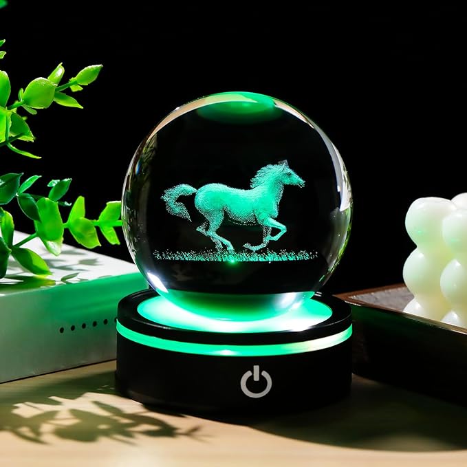 YWHL 3D Crystal Ball Horse Figurine with LED Base, Horse Gifts for Men Women Horse Lovers on Christmas Birthday, Horse Statue Glass Sphere Animal Decorative Ball for Home Decor (80mm)-VerdiqueGarden