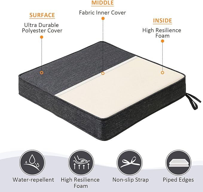 Square Corner Seat Cushions, 19" x 19" x 3", Set of 4, Indoor Outdoor Water Repellent Universal Chair Pads with Ties for Patio Furniture, Garden Deck Dining Chairs, Charcoal-VerdiqueGarden