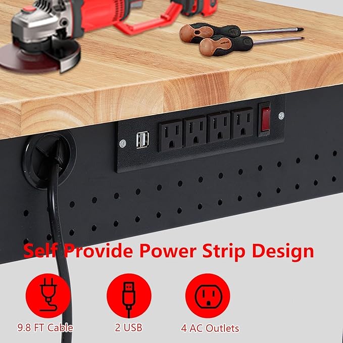 48'' Adjustable Workbench on Wheels, 2000LBS Heavy Duty Worktable with Power Outlets & Drawers & Pegboard, Rubberwood Workstation for Workshop, Garage, Office, Home-VerdiqueGarden