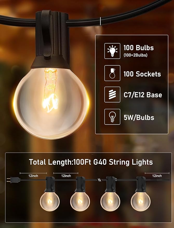 100FT String Lights, G40 Outdoor String Lights Edison Light Bulbs Clear Globe Lights for Backyard Patio Lights Indoor/Outdoor Commercial Decoration -5 Watt/120 Voltage/E12 Base -Black Wire-VerdiqueGarden